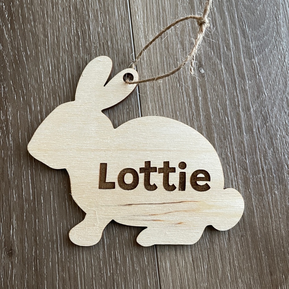 Full body bunny Easter basket name tag custom wood